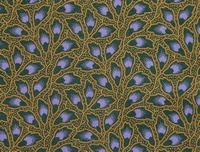 Tela de flores morada con forma de pluma sobre estampado ocre