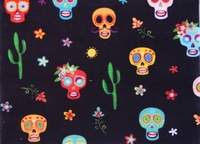 Tela con calaveras mexicanas y fondo azul marino