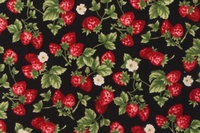 Tela con dibujo de ramas con fresas sobre fondo negro