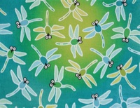Tela con dibujo de libélulas sobre degradado azul y amarillo