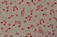 Tela con dibujo de notas musicales rojas sobre fondo beige